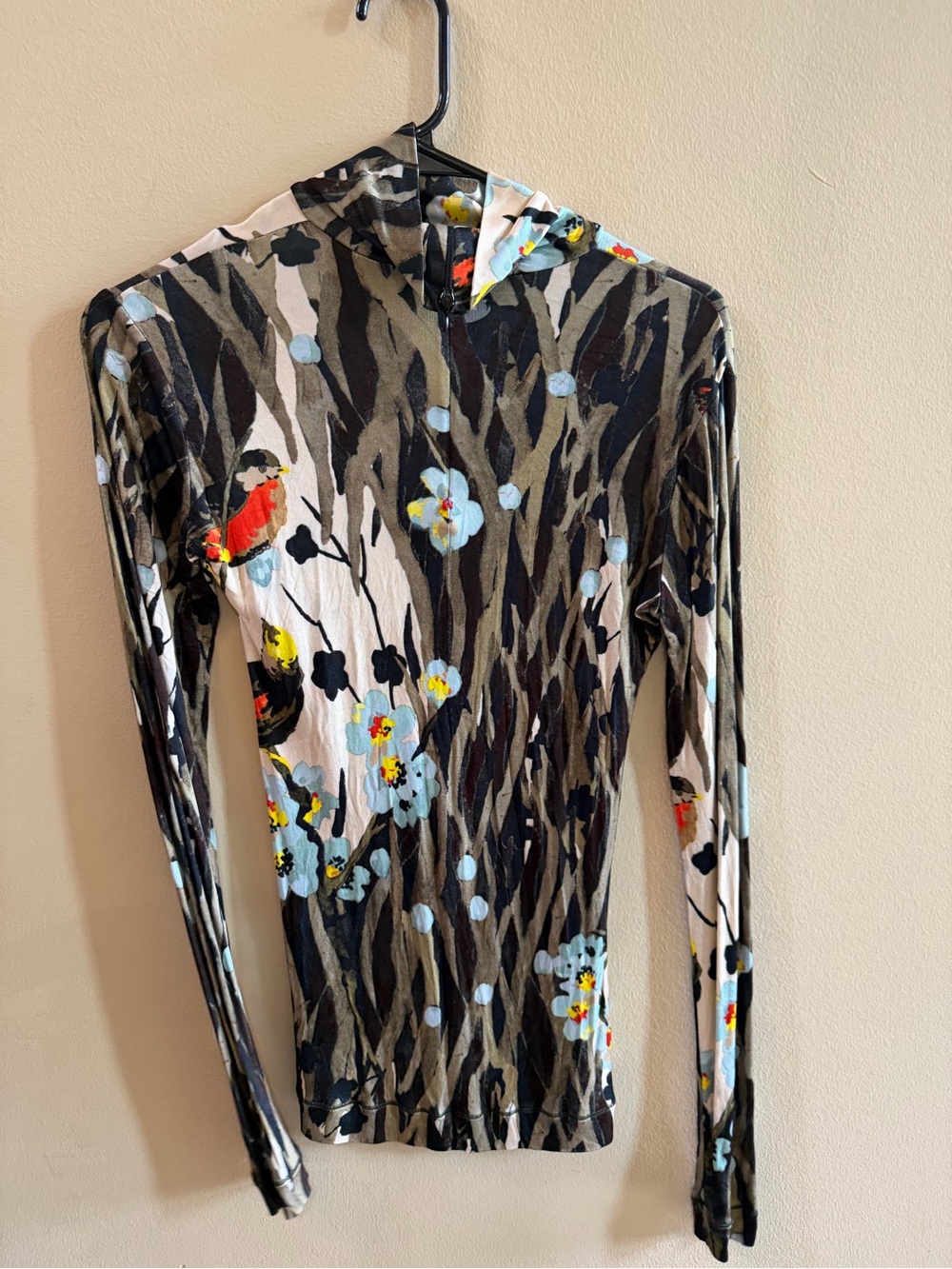 Paul Smith Black Long-Sleeve Top with Floral & Bird Print
